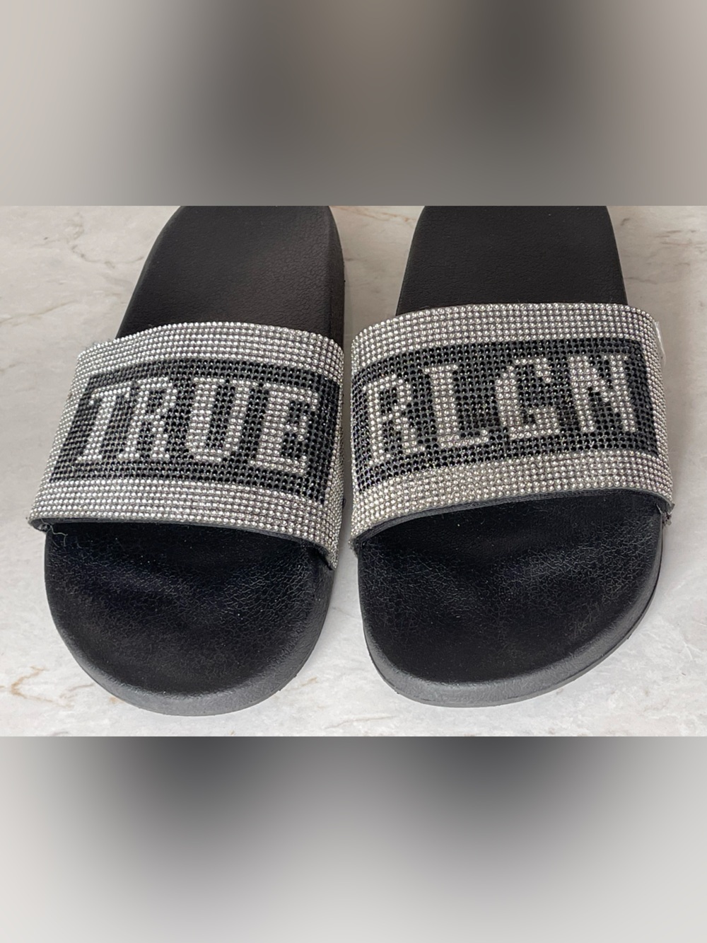 True Religion Black Slide Logo Sandals with Silver Rhinestone Design, Size 9